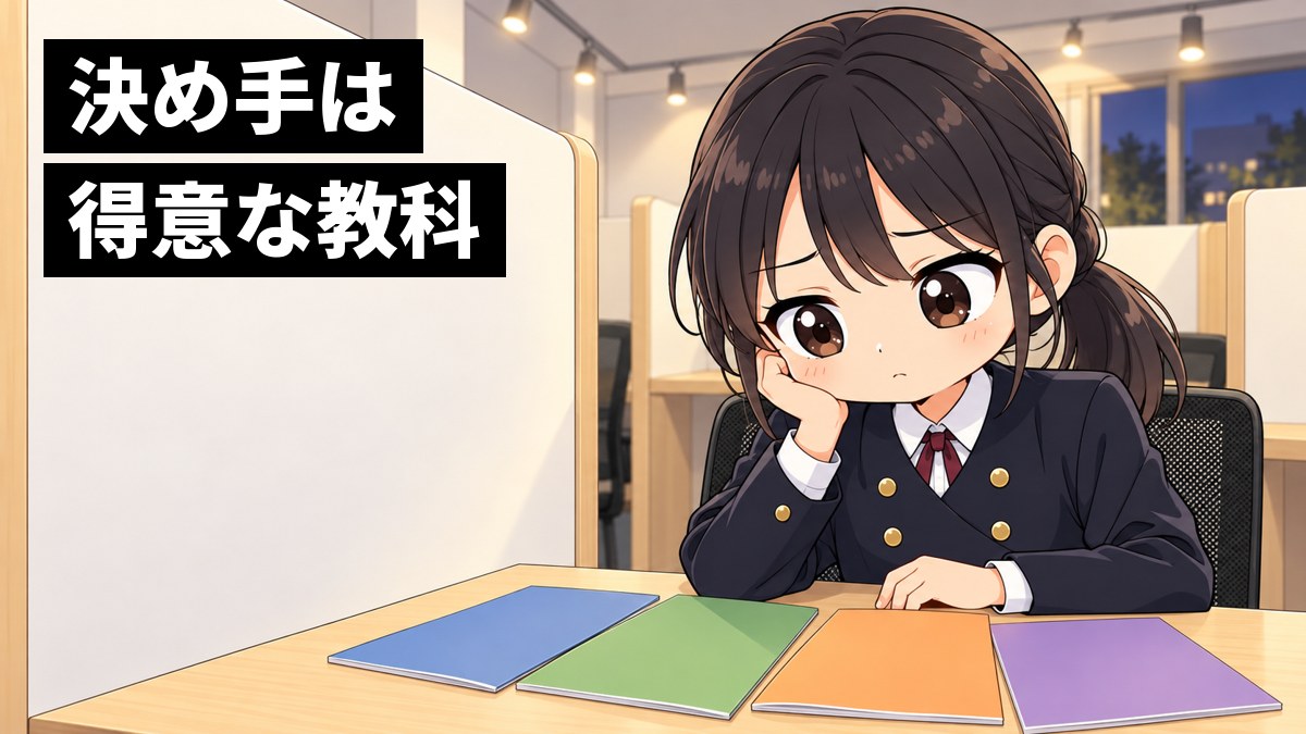 塾の自習ブースで、安房高校の制服の女子高校生が、色の違う4冊の学部案内を机に並べて頬杖をつき、どれにするか決めきれずにしょんぼりしている挿絵。文字「決め手は得意な教科」