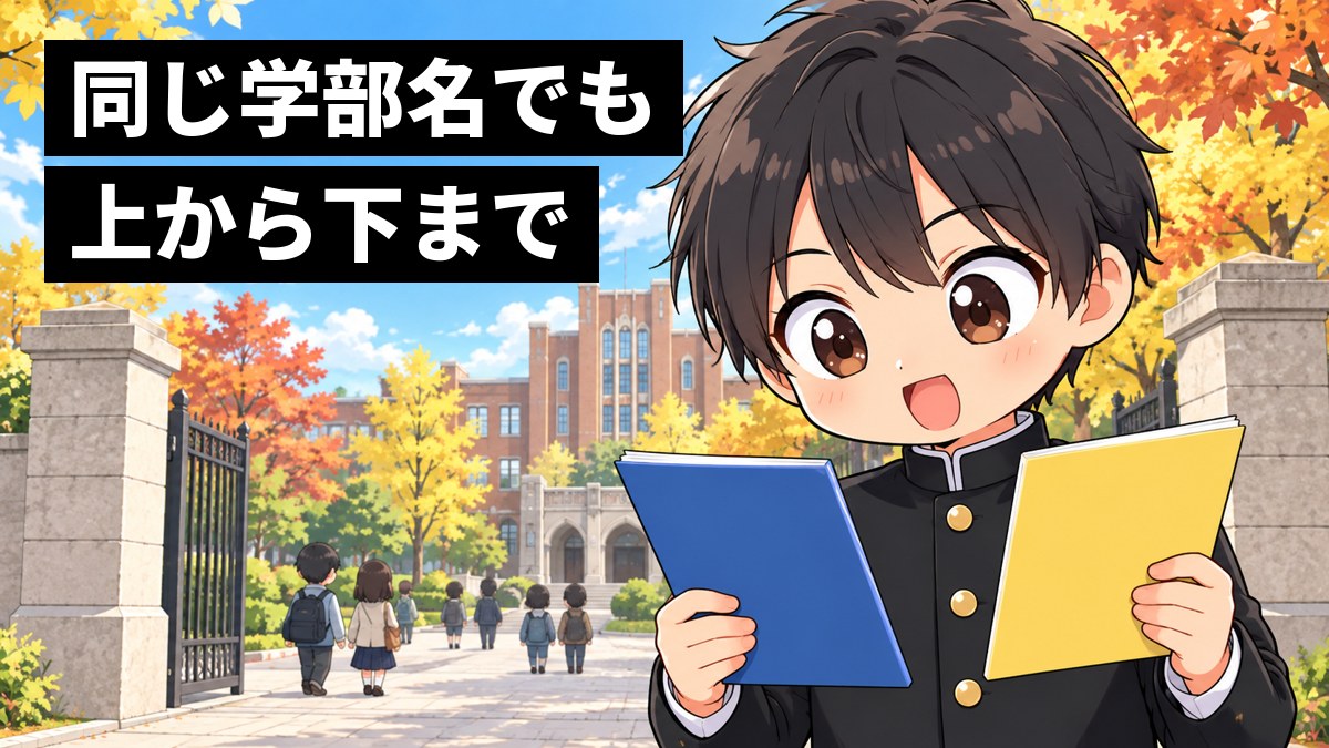 大学のオープンキャンパスの正門前で、学ラン姿の安房高校の男子が、色の違う2冊の大学パンフレットを両手に持って見比べ、目を丸くして驚きながらわくわくしている挿絵。文字「同じ学部名でも上から下まで」