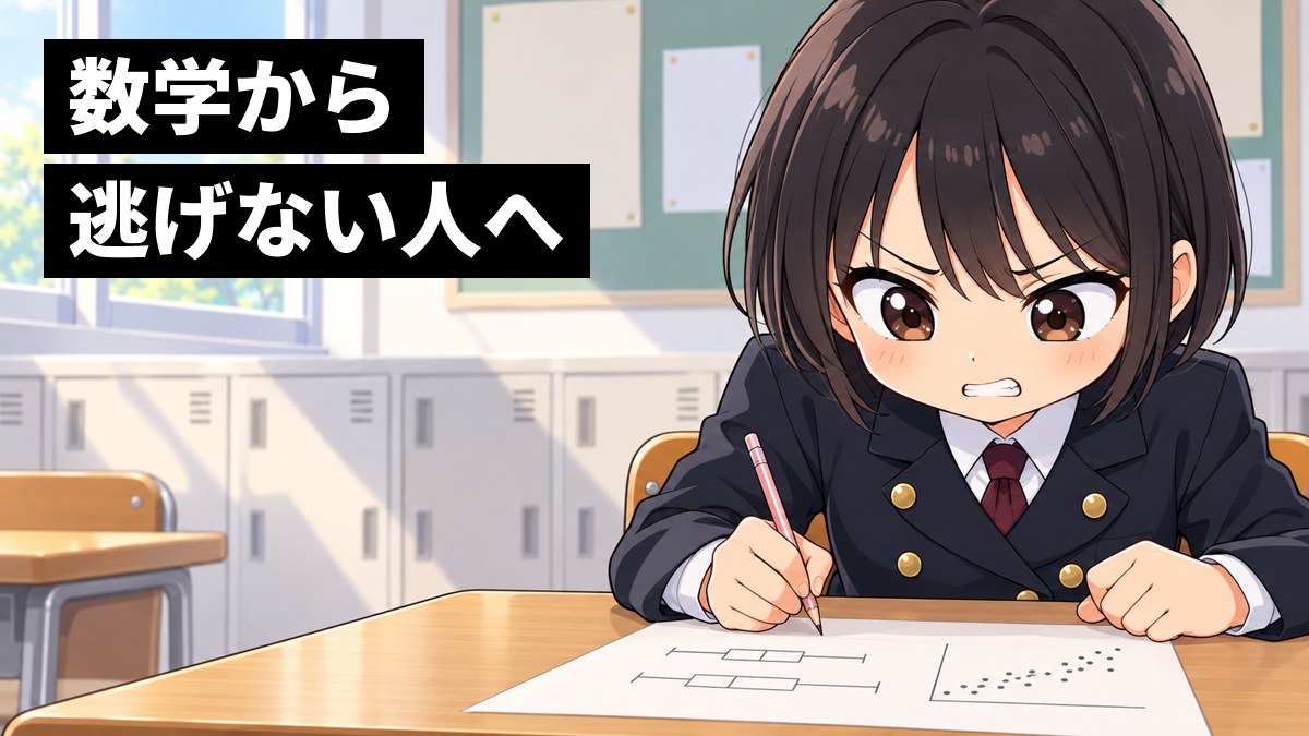 高校の教室で、安房高校の制服の女子高校生が、箱ひげ図と散布図のプリントを前に、眉を寄せ歯を食いしばって問題をにらみ、鉛筆を握りしめている挿絵。文字「数学から逃げない人へ」