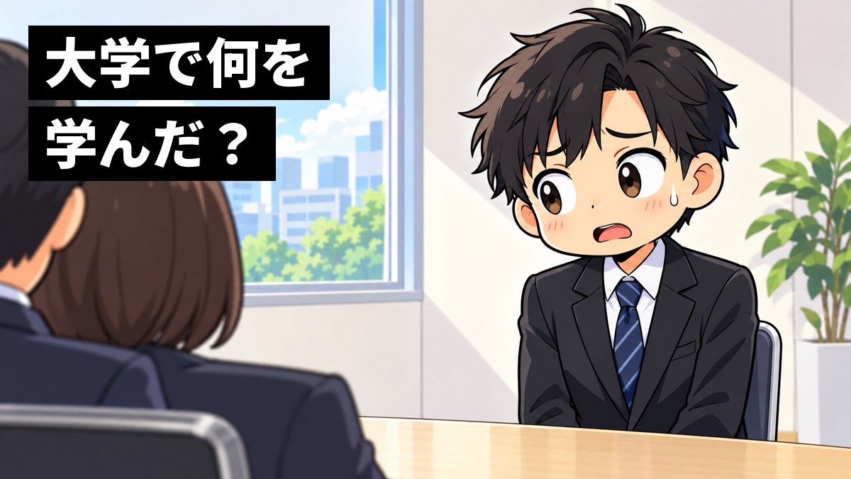 会社の面接室で、就活スーツの男子大学生が、面接官の質問に答えられず、目を泳がせて冷や汗をかき、途方にくれている挿絵。文字「大学で何を学んだ?」