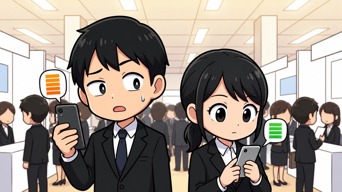 合同説明会の会場で、満席のスマホ画面に戸惑う就活生と、受付中の画面を持つ友達のイラスト