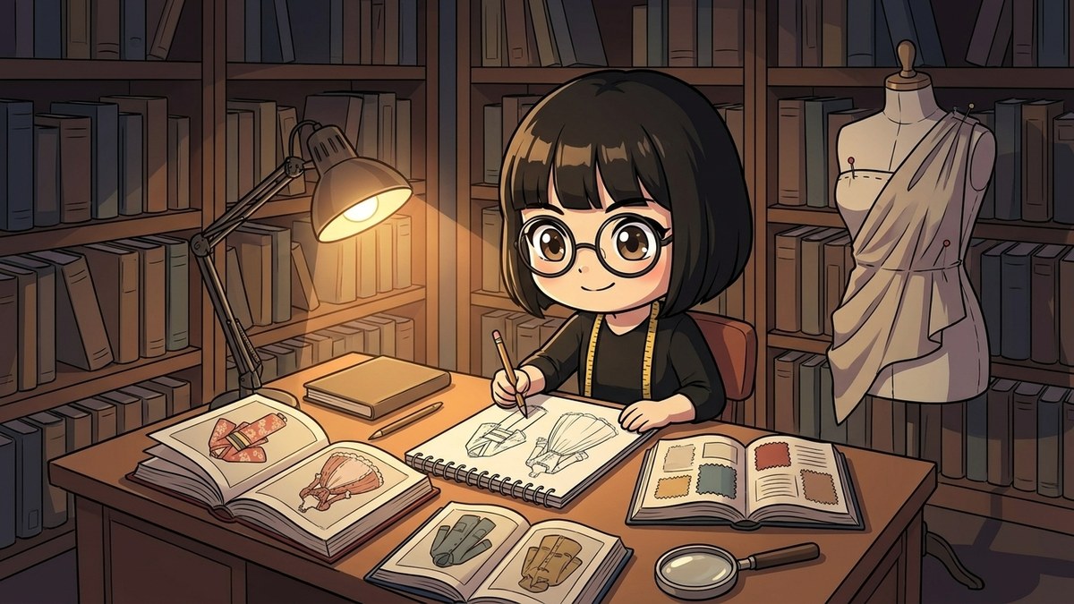 本棚に囲まれた夜のアトリエで、着物や昔のドレスの資料を広げ、そこから新しい服のデザインを描き起こすデザイナーのイラスト