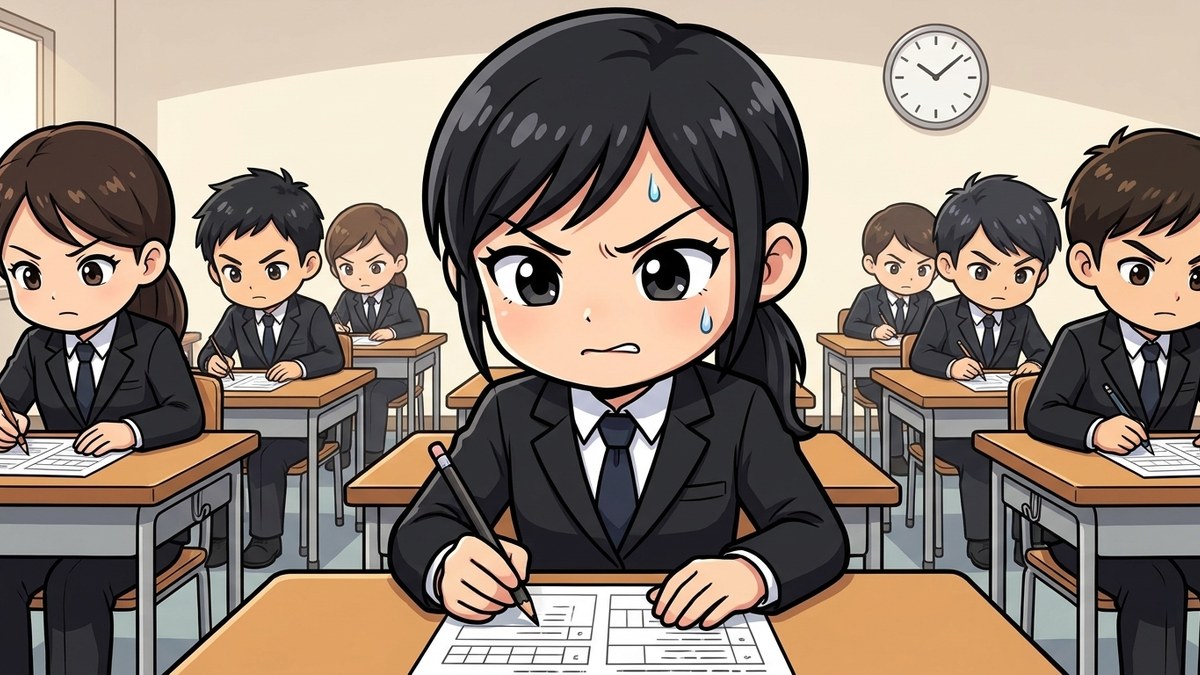 企業の筆記試験の会場で、テスト用紙に集中する就活生たちのイラスト