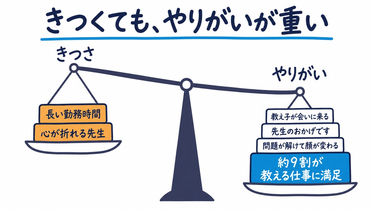 天びんの手描き図解。左の皿には「長い勤務時間」「心が折れる先生」の「きつさ」、右の皿には「約9割が教える仕事に満足」と「問題が解けて顔が変わる」「先生のおかげです」「教え子が会いに来る」の「やりがい」が乗り、右に傾いている。見出しは「きつくても、やりがいが重い」。