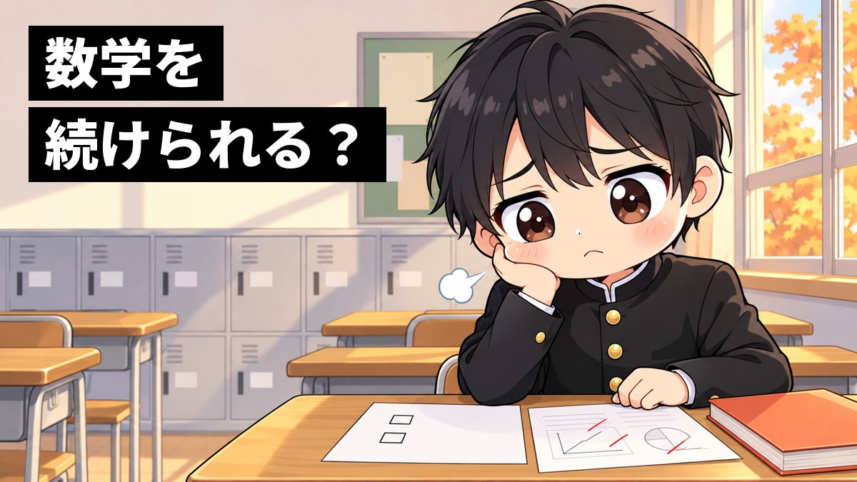 秋の放課後の高校の教室で、安房高校の学ランの男子高校生が、文理選択の用紙と数学の答案を前に、しょんぼりと途方にくれている。「数学を」「続けられる?」の文字。