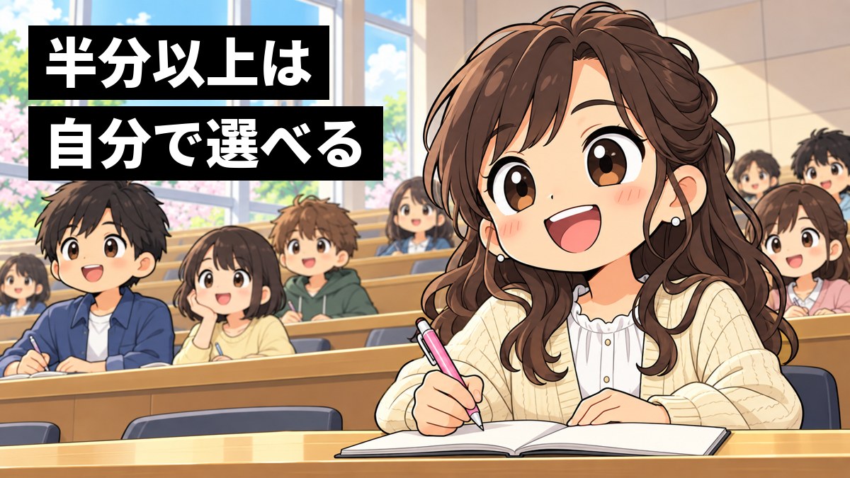 大学の大教室で、私服の女子大学生がノートを取りながら、他学部の授業が面白くて満面の笑顔でうなずいている。「半分以上は」「自分で選べる」の文字。