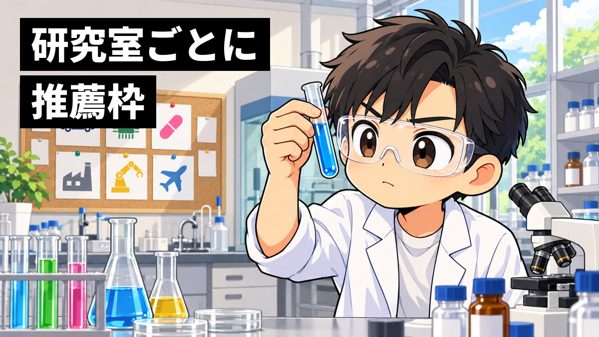 大学の研究室で、白衣を着た大学生が試験管を手に実験に没頭している。後ろの壁にはメーカーの推薦枠の掲示が貼られている。「研究室ごとに」「推薦枠」の文字。