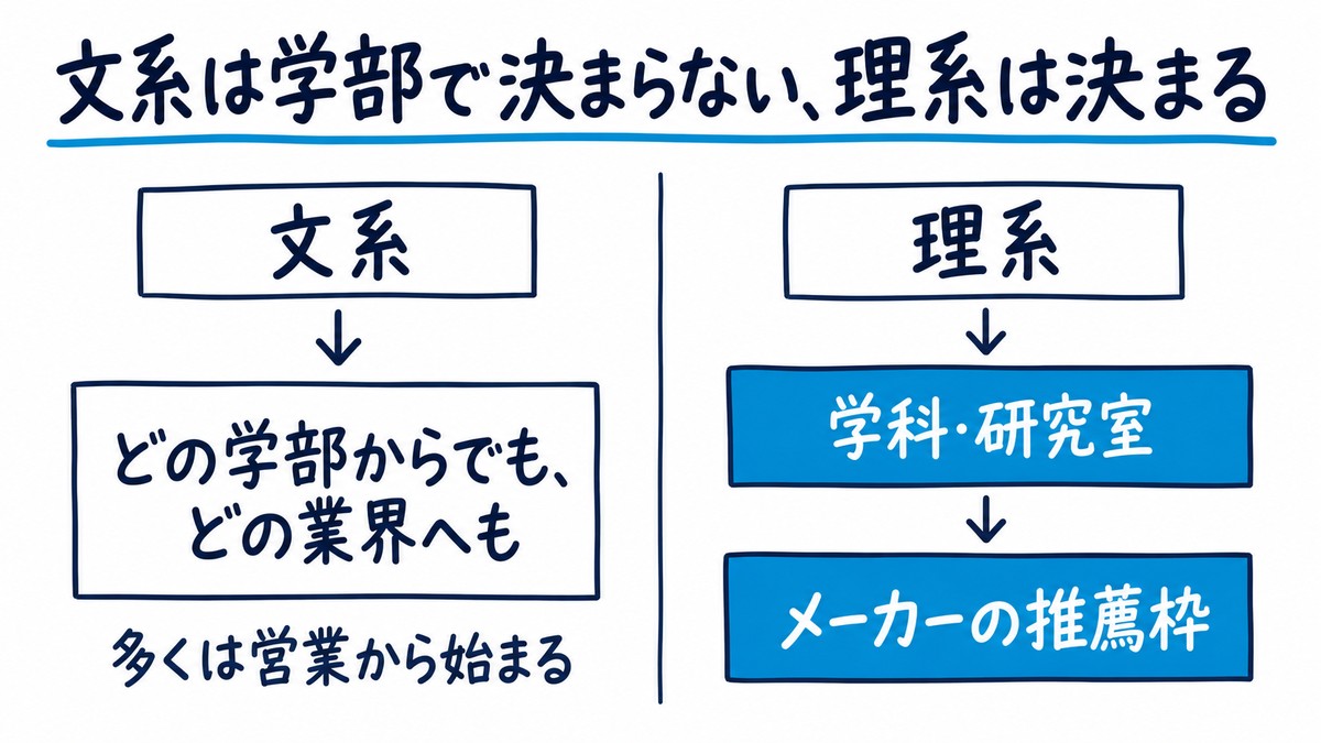 学部と就職の関係の手描き図解。文系はどの学部からでもどの業界へも行け、多くは営業から始まる。理系は学科・研究室がメーカーの推薦枠につながる。見出しは「文系は学部で決まらない、理系は決まる」。