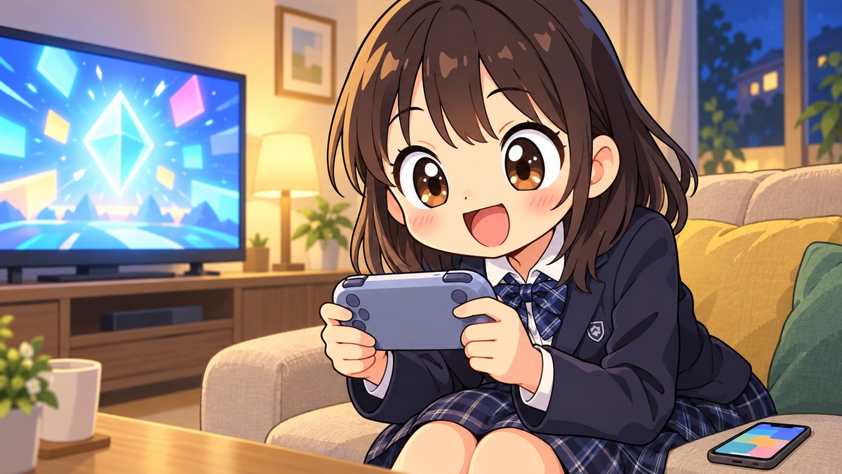 リビングのソファで携帯ゲーム機を持ち、テレビに映ったゲームの起動画面を身を乗り出して見つめる制服の女子中学生。