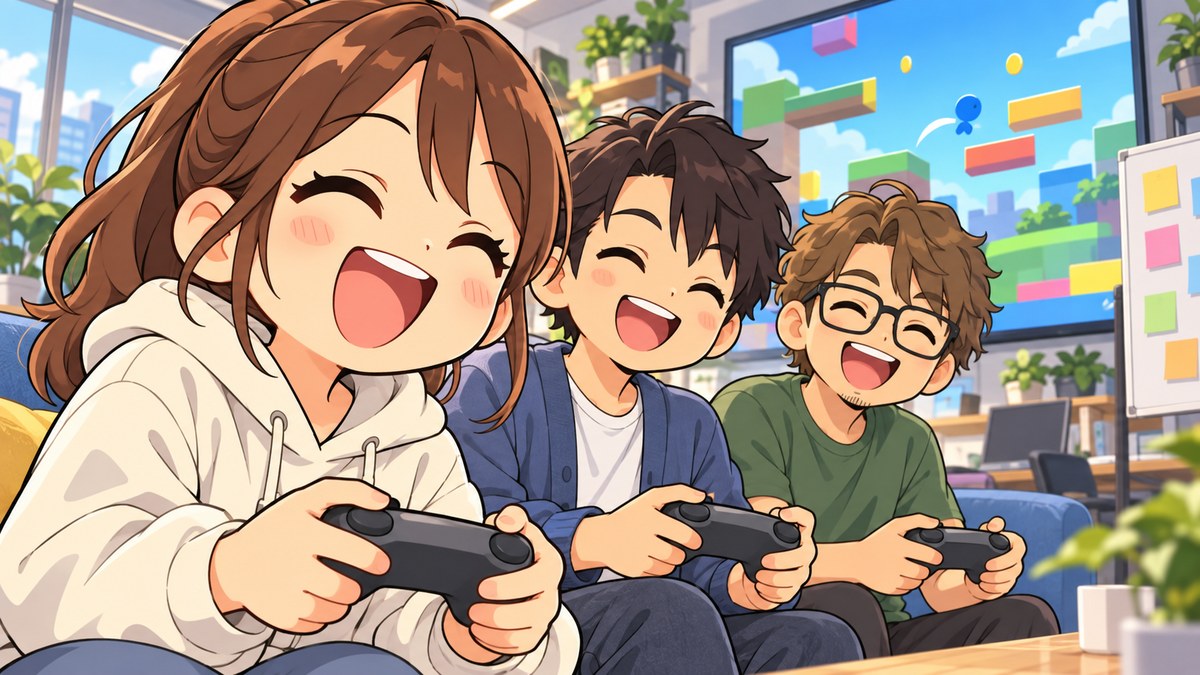 ゲーム会社のテストプレイ室で、大きな画面の前に並んでコントローラーを握り、声を上げて笑う若い開発者たち。