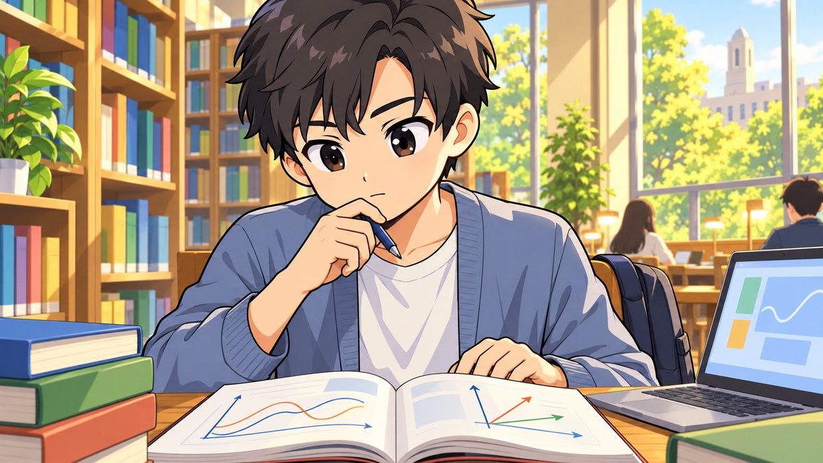 大学の図書館で、グラフや矢印の描かれた教科書とノートパソコンを前に集中する大学生。