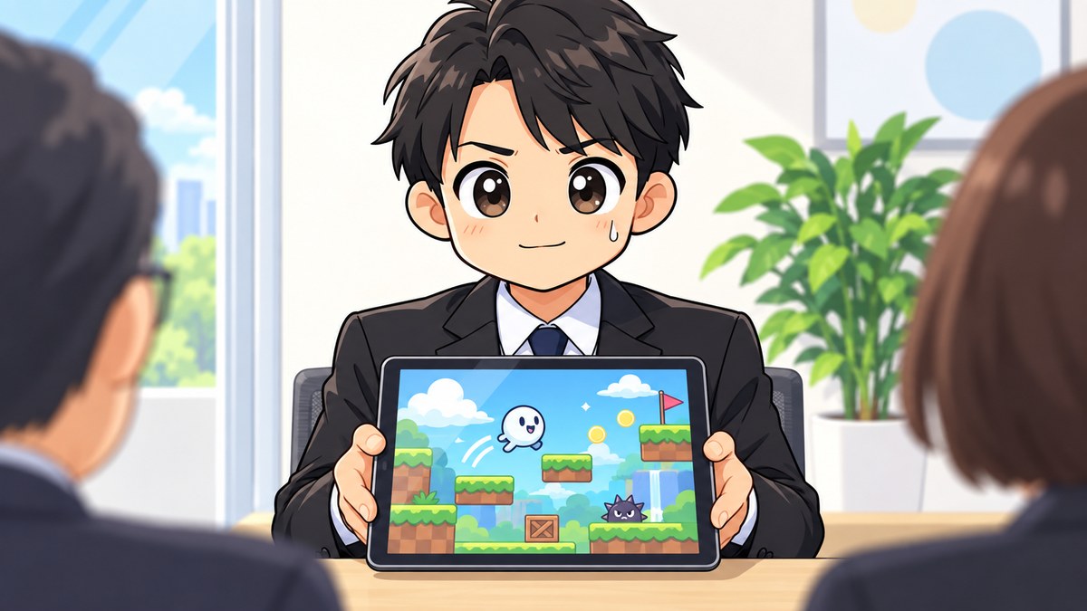 ゲーム会社の面接室で、スーツ姿の学生が緊張しながらも真剣な目でタブレットの自作ゲームを見せている。