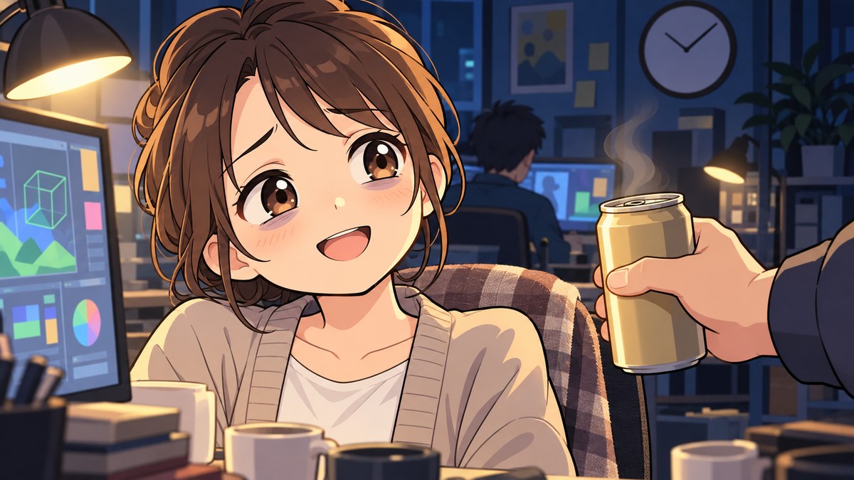 締め切り前の夜のゲームスタジオで、疲れた顔の開発者が同僚から温かい缶の飲み物を差し出され、ほっと笑う。