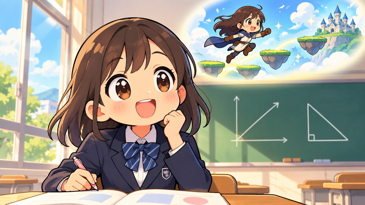 中学校の教室で、黒板の一次関数のグラフを見て、その線の上をゲームのキャラクターが飛ぶ様子を思い浮かべる女子中学生。