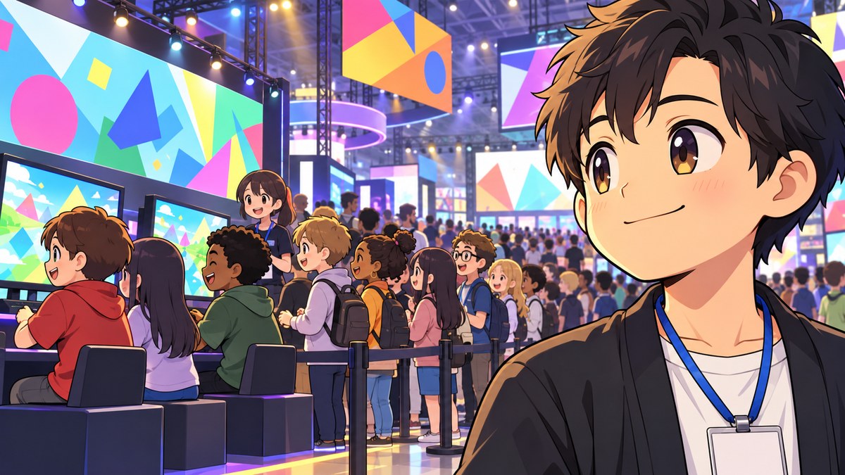 ゲームの展示会場で、自分たちのゲームを遊ぶ世界中の人の列を、誇らしげに見守る若い開発者。