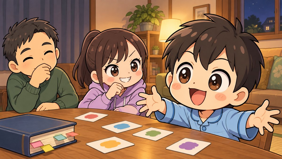 夜の自宅のリビングのテーブルで、父親と小学3年生の男の子・小学6年生の女の子がカードゲームで遊び、男の子が両手を広げて夢中で説明しているイラスト。テーブルの端に付箋を貼った国語辞典。