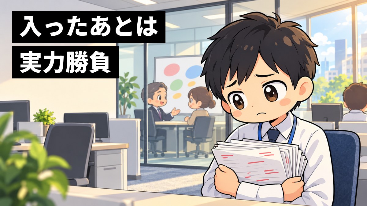 会社のオフィスで、赤ペンだらけの資料を抱えてしょんぼり肩を落とす新入社員。後ろで先輩たちが話し合っている。「入ったあとは実力勝負」の文字。