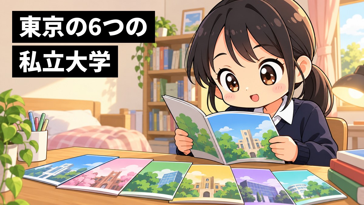 自分の部屋の机で、6冊の大学パンフレットを広げて目を輝かせて見入る女子高校生。「東京の6つの私立大学」の文字。