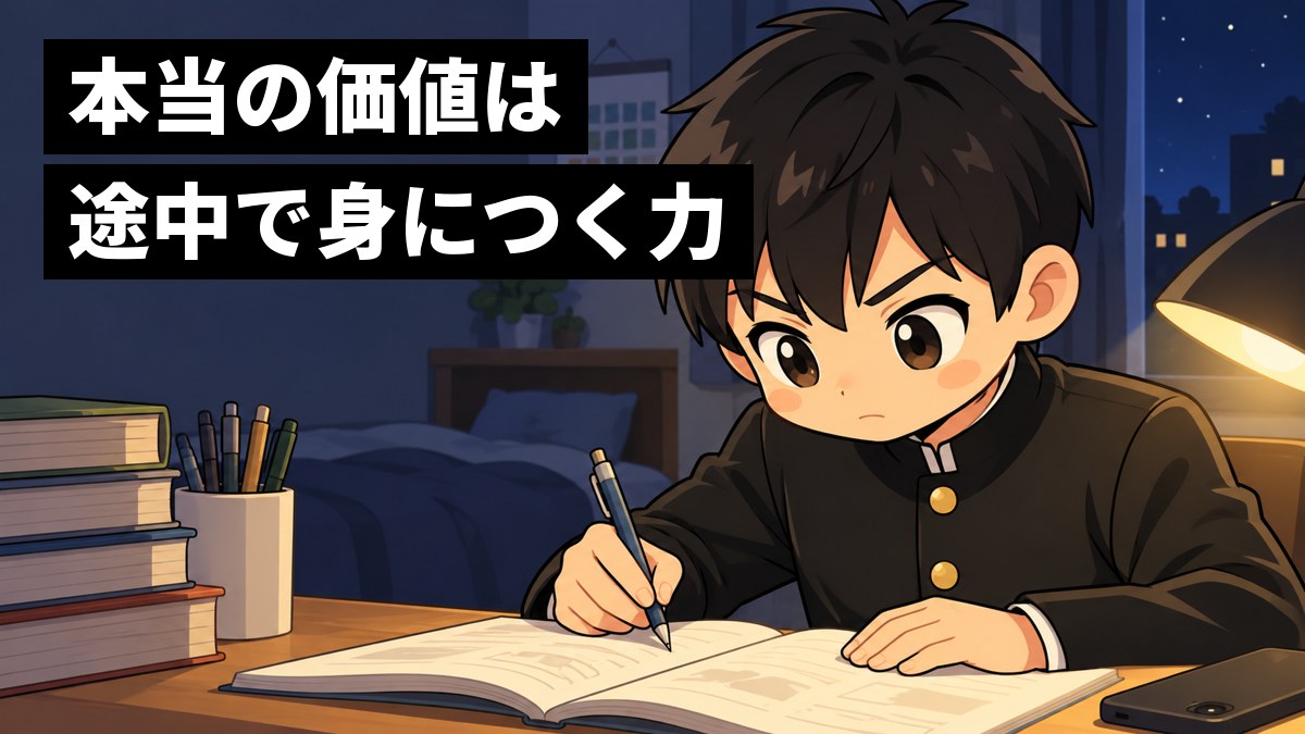 夜の自分の部屋で、スマホを伏せて机の端に置き、夢中で問題集に向かう男子高校生。「本当の価値は途中で身につく力」の文字。