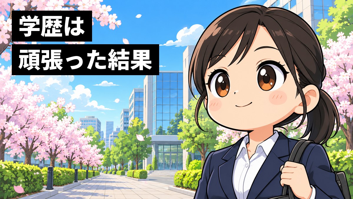 入社式の朝、桜の並木道で胸を張り、これからにワクワクして前を見つめる新社会人。「学歴は頑張った結果」の文字。