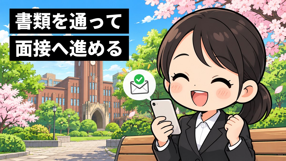 大学のキャンパスで、スマホの知らせを見て小さくガッツポーズをして喜ぶリクルートスーツの女子大学生。「書類を通って面接へ進める」の文字。