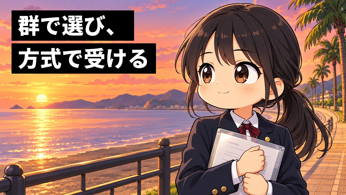 夕方の館山・北条の海辺の遊歩道で、ブレザーの女子高校生が進路の資料を胸に抱え、ほっとした笑顔で海を見ている挿絵。文字「群で選び、方式で受ける」
