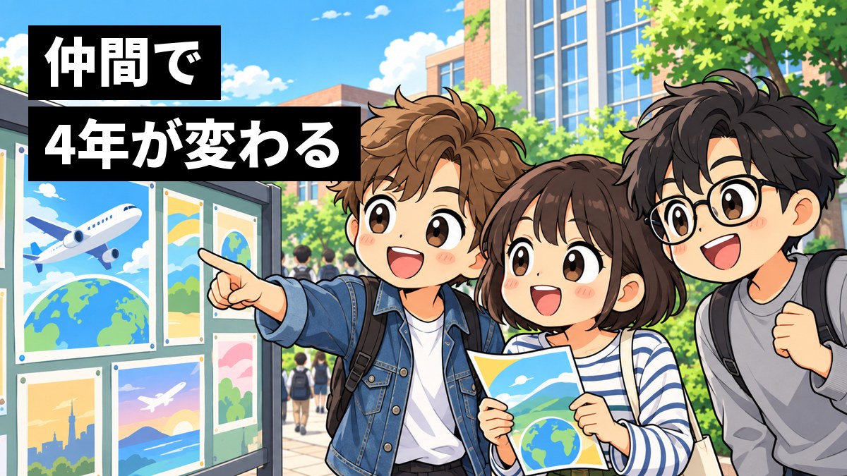 都心の大学の中庭の掲示板の前で、私服の大学生3人がインターンや留学の案内を指さし、目を輝かせて話している挿絵。文字「仲間で4年が変わる」