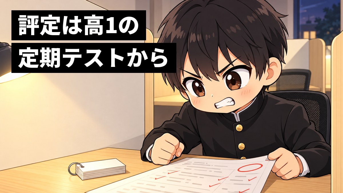 塾の自習ブースで、学ランの男子高校生が返ってきた英語の定期テストの答案と単語帳を前に、悔しさに歯を食いしばっている挿絵。文字「評定は高1の定期テストから」