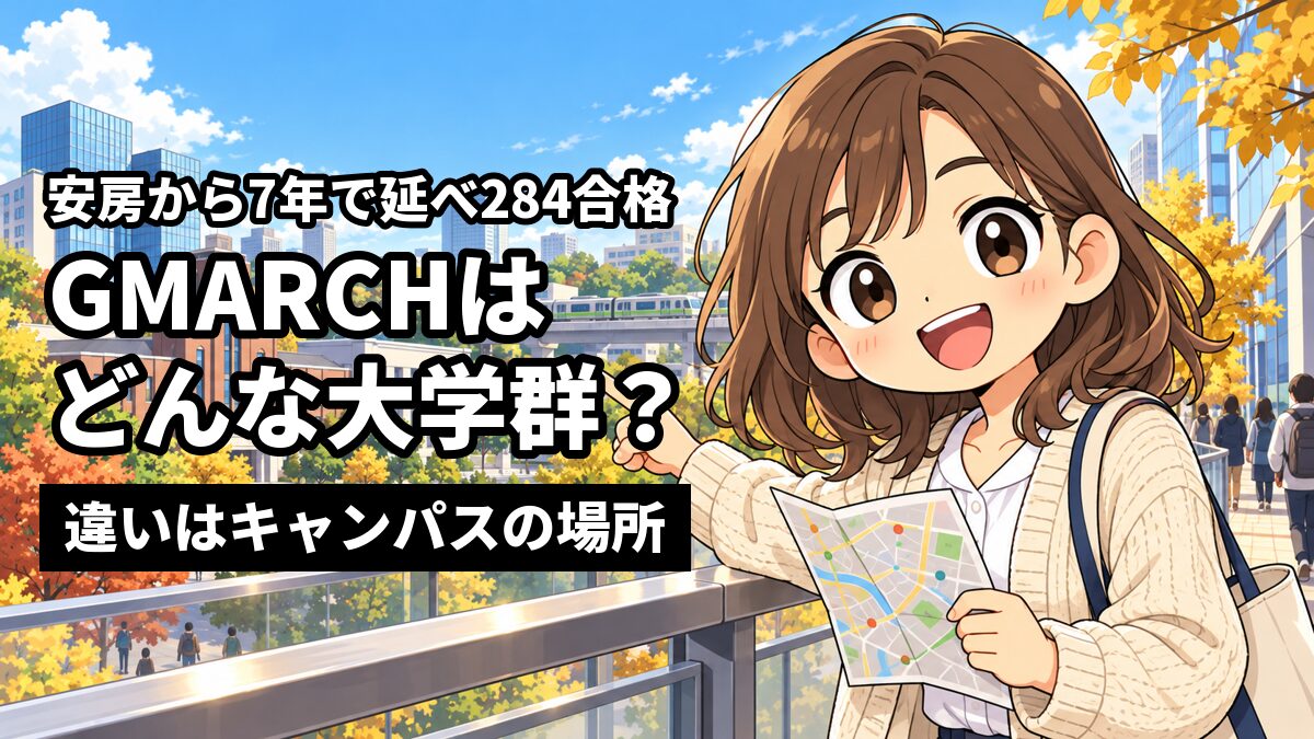 都心の歩道橋の手すりにもたれ、遠くに並ぶいくつもの大学の校舎を指さしてワクワクした顔で地図を持つ大学生。