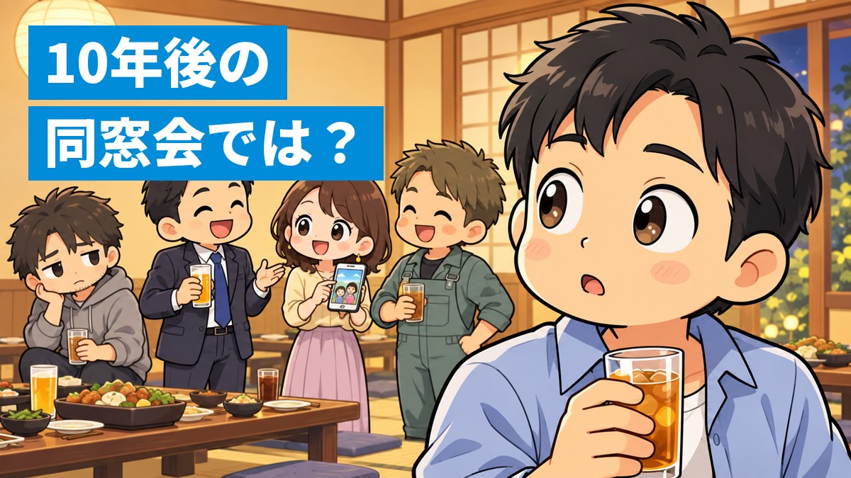 30代の同窓会の会場で、グラスを持った大人が、すっかり違う姿になった昔の同級生たちを見て目を丸くしている。「10年後の同窓会では?」の文字。