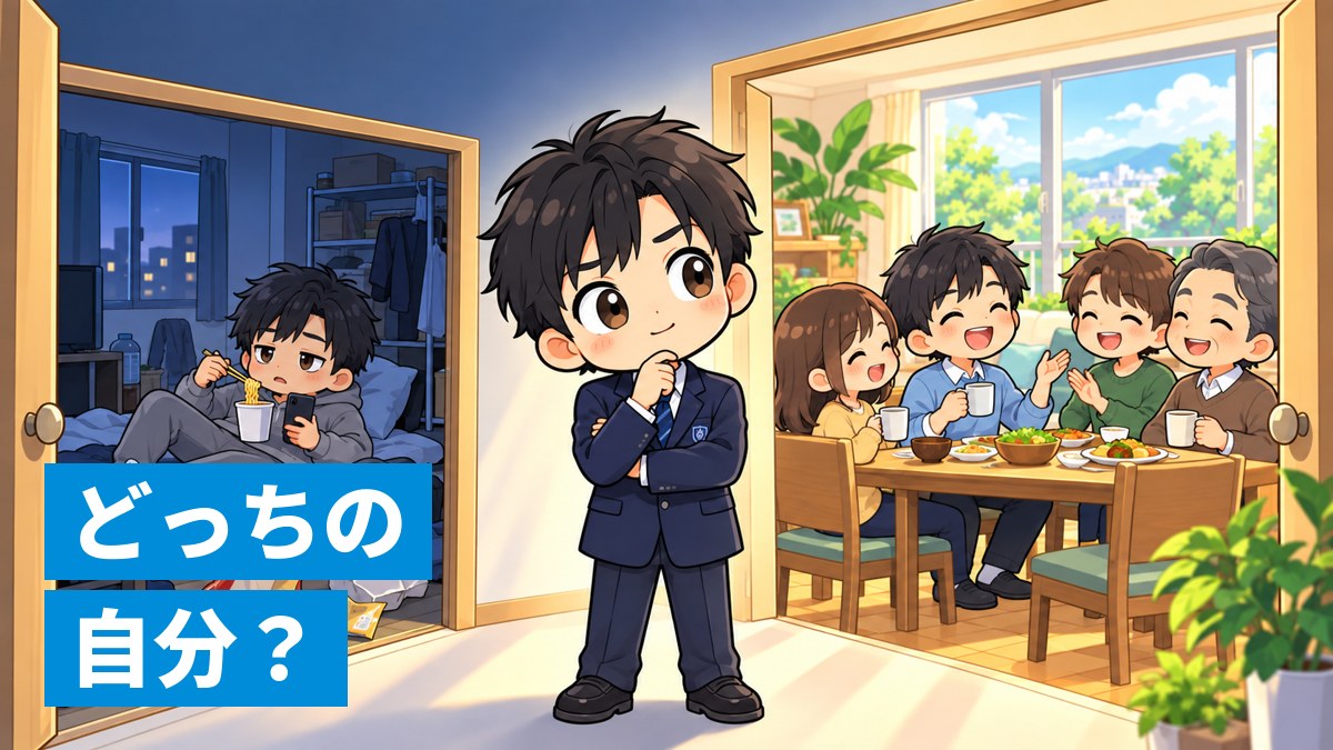 中学生が真ん中で2つの扉の前に立ち、腕を組んで考えている。左の扉の向こうは狭く散らかった暗い部屋で、大人になった自分がカップラーメンを食べながらスマホを見て寝転がっている。右の扉の向こうは広く明るい家で、大人になった自分が友達や家族と笑って過ごしている。「どっちの自分?」の文字。