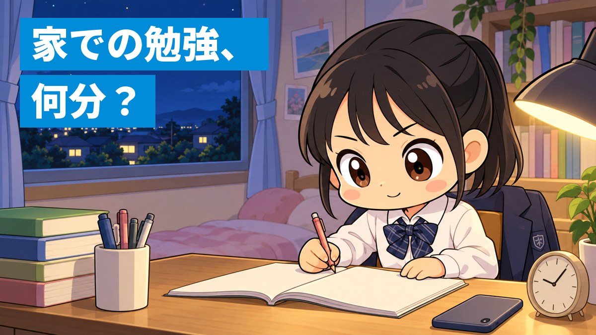 夜、自分の部屋の机で、スマホを伏せて置き、問題集に向かって集中して書き込む制服姿の中学生。「家での勉強、何分?」の文字。