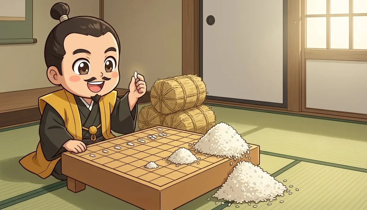 豊臣秀吉が、将棋盤のマスに米を1粒、2粒、4粒と倍に置いていき、山になったのを見ている