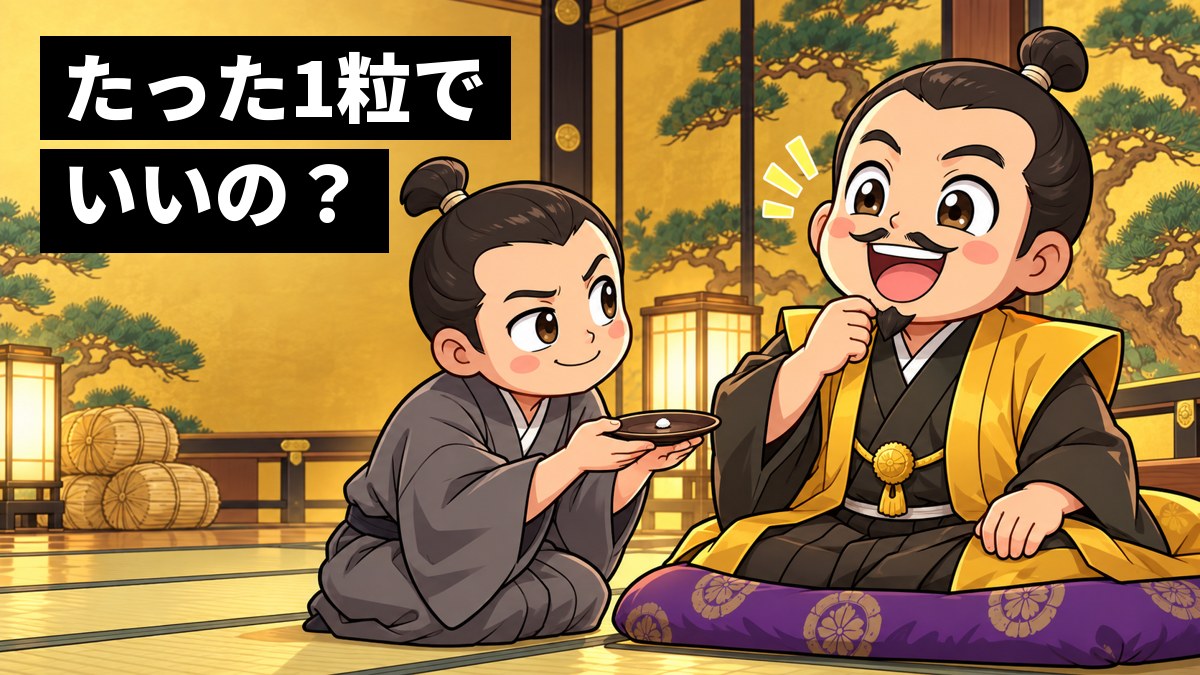 金色のふすまの広間で、豊臣秀吉が、ひざまずいた家来の差し出す米1粒をのせた小皿を見て、大笑いしている。「たった1粒で いいの?」の文字。