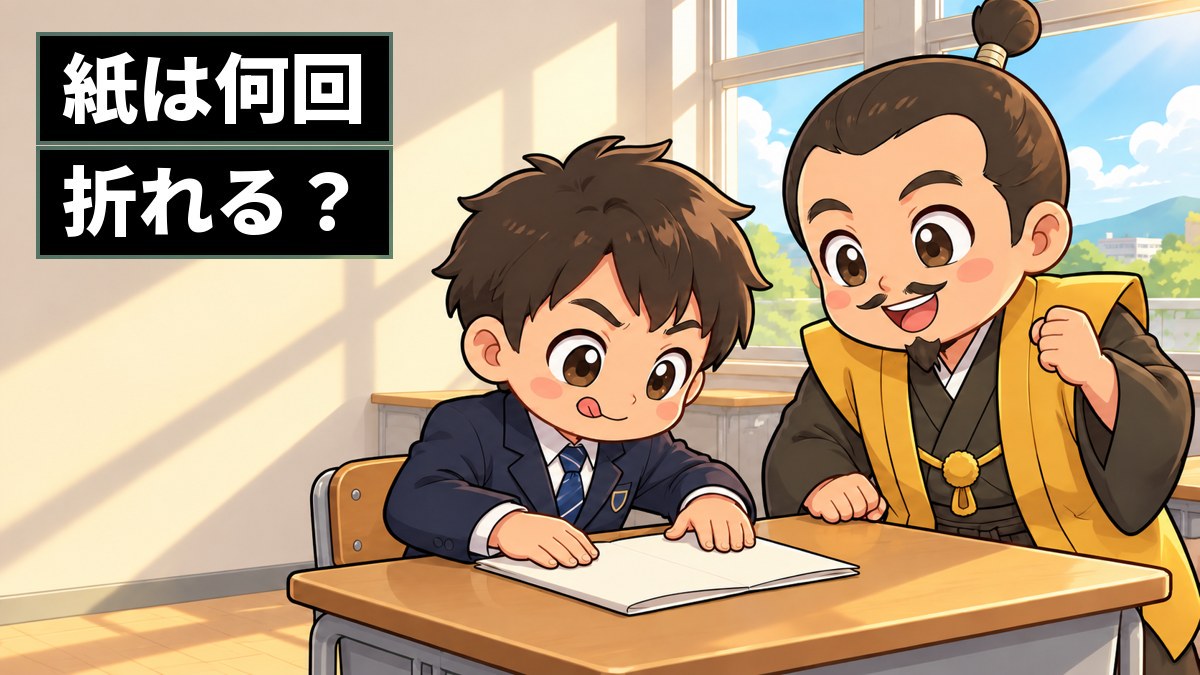 放課後の教室で、男子中学生が大きな紙を半分に折ろうとし、その横で豊臣秀吉が身をのり出してワクワクしながら見守っている。「紙は何回 折れる?」の文字。