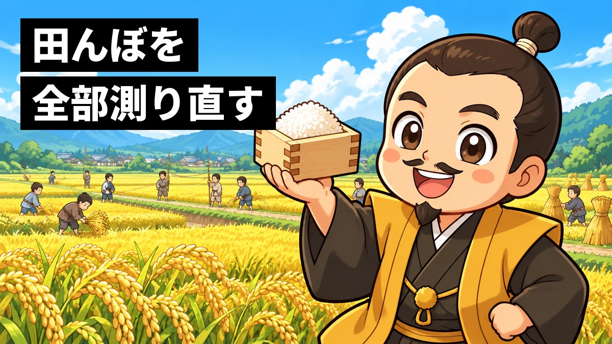 田んぼのあぜ道で、豊臣秀吉が桝を手に、まわりで縄と竿で田んぼを測る人たちを背に、得意げに胸を張っている。「田んぼを 全部測り直す」の文字。
