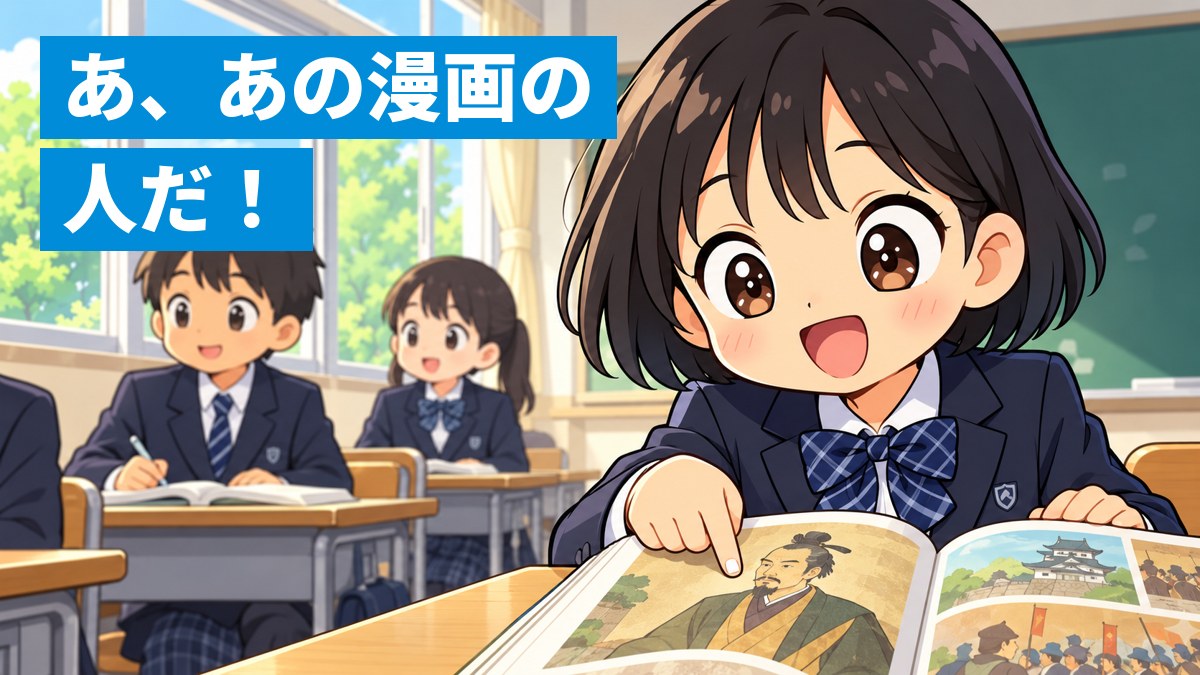 中学校の歴史の授業中、制服の女子生徒が教科書の人物の肖像画を見て、驚きとうれしさの顔でハッと顔を上げるイラスト。「あ、あの漫画の人だ!」の文字