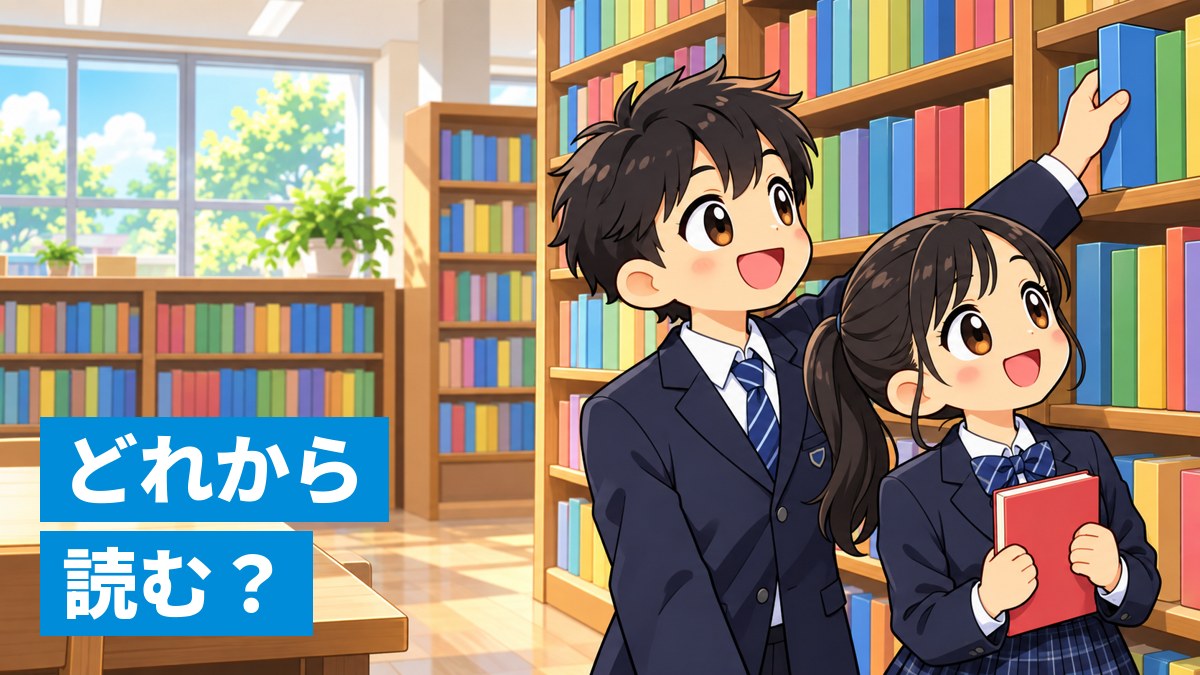 学校の図書室の本棚の前で、制服の男子と女子の中学生2人が漫画本の棚を見上げて、ワクワクしながら選んでいるイラスト。「どれから読む?」の文字