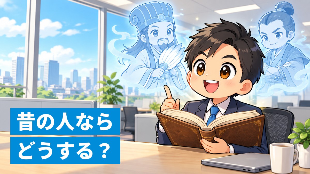 会社のオフィスで、スーツ姿の若い社会人が机で分厚い古い本を開き、ひらめいた顔をしている。背後に古代の軍師と侍の淡い姿が助言するように浮かぶイラスト。「昔の人ならどうする?」の文字