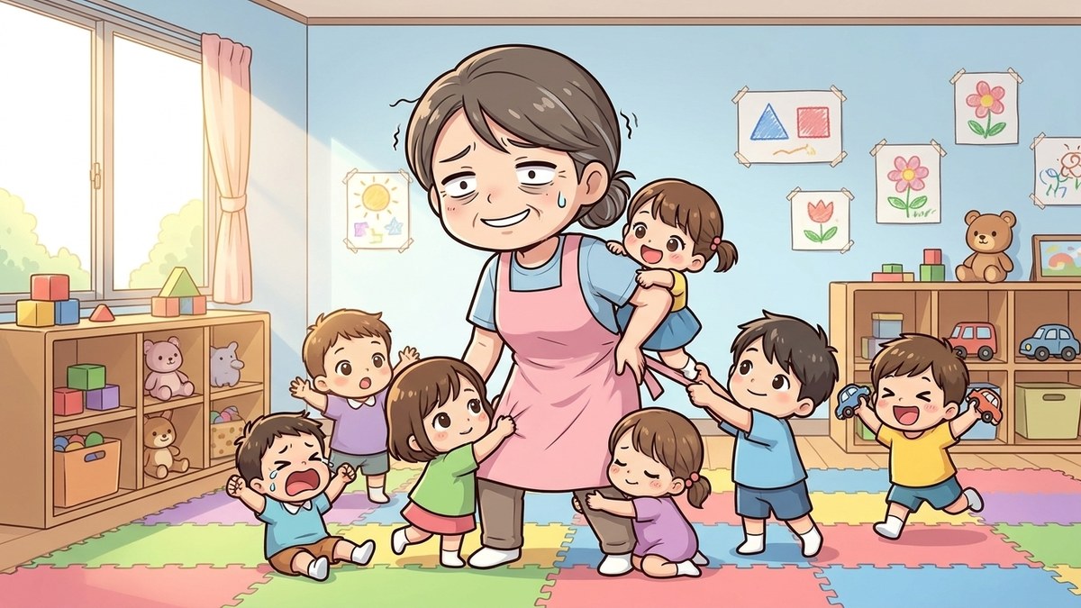 明るい保育室で大勢の子どもにしがみつかれ、疲れた目で引きつった笑顔を見せるベテラン保育士のイラスト