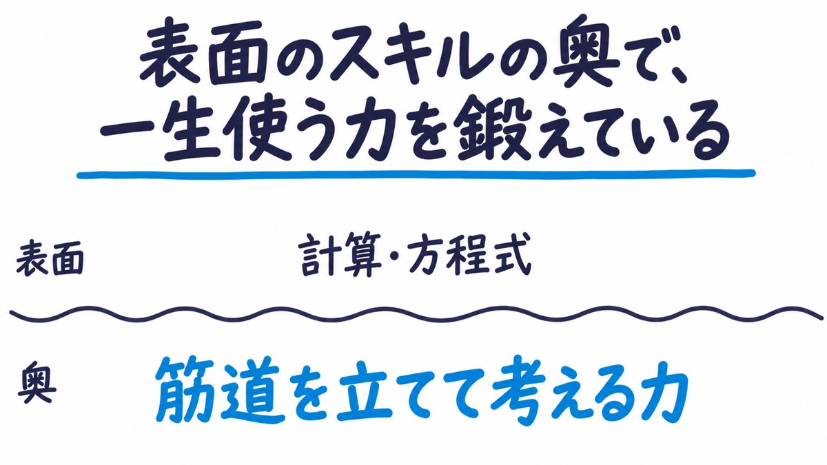 勉強の意味の手描き図解。水面のような線の上に小さく「計算・方程式」（表面）、線の下に大きく青で「筋道を立てて考える力」（奥）。見出しは「表面のスキルの奥で、一生使う力を鍛えている」。