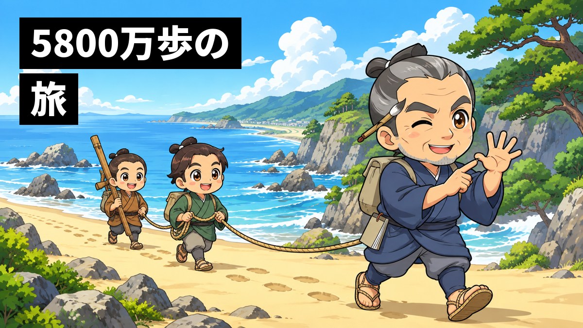 伊能忠敬が弟子たちと海岸線を歩き、縄を張って距離を測っている。遠くに山と海。「5800万歩の 旅」の文字。