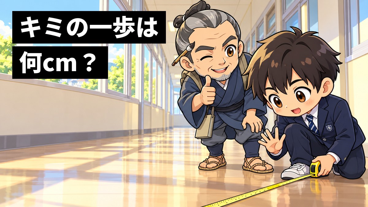 学校の廊下で、男子中学生がメジャーを床に伸ばして自分の歩幅を測り、その横で伊能忠敬がにこにこ見守っている。「キミの一歩は 何cm?」の文字。