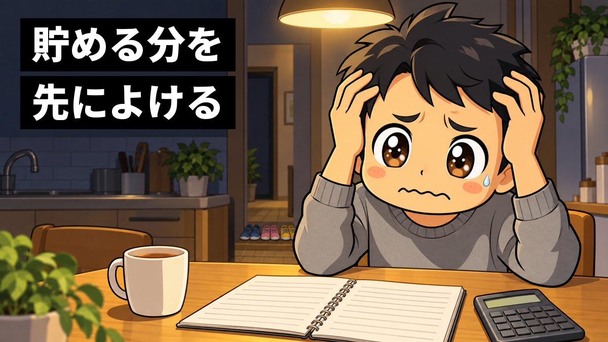 夜の自宅の食卓で、父親が家計簿と電卓を前に、子どもの大学費用の大きさに途方にくれて頭を抱えているイラスト。「貯める分を先によける」の文字。