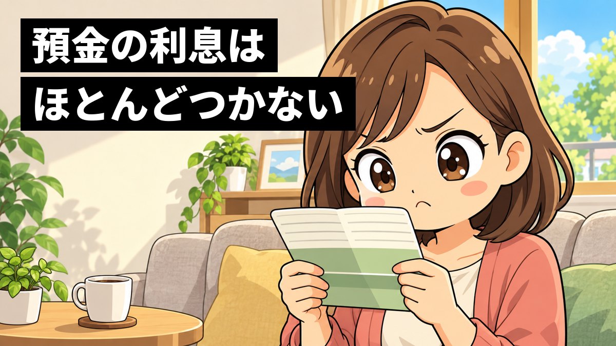 自宅のリビングで、母親が預金通帳を開いて利息の少なさに納得いかず、むっとした顔をしているイラスト。「預金の利息はほとんどつかない」の文字。
