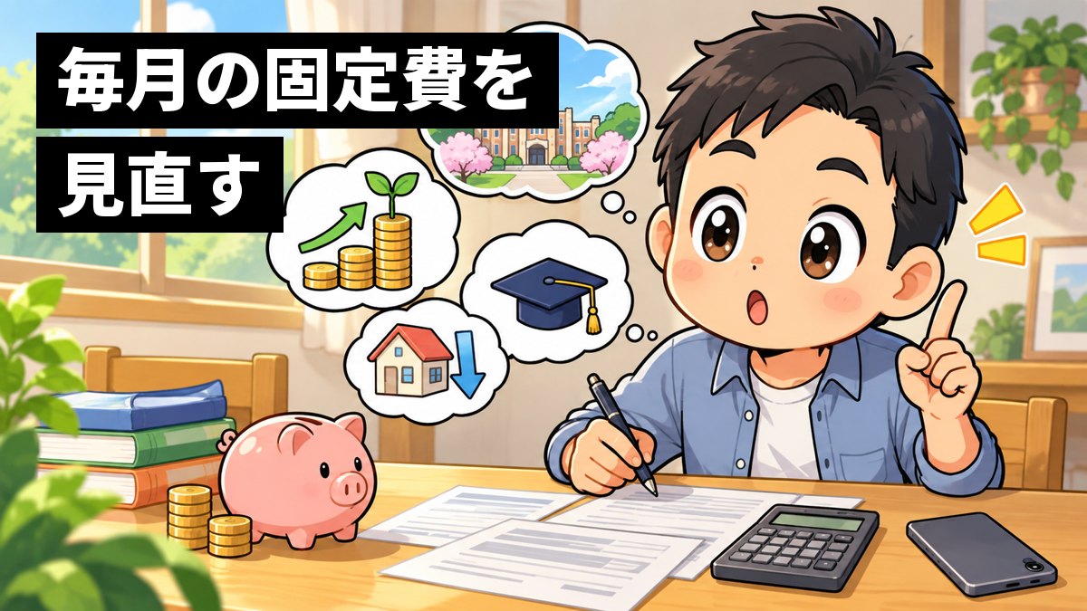 自宅の食卓で、父親がスマホの料金の明細と電卓を前に、削れる固定費を見つけてひらめき、人差し指を立てているイラスト。「毎月の固定費を見直す」の文字。