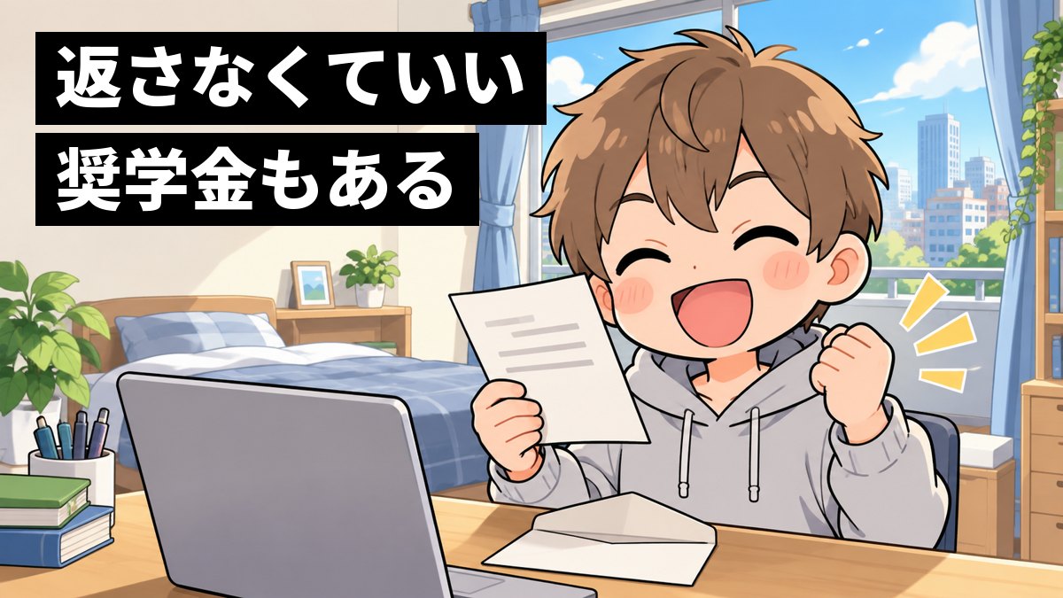 一人暮らしの部屋で、大学生が奨学金の採用通知を手に、思わずガッツポーズで喜んでいるイラスト。「返さなくていい奨学金もある」の文字。