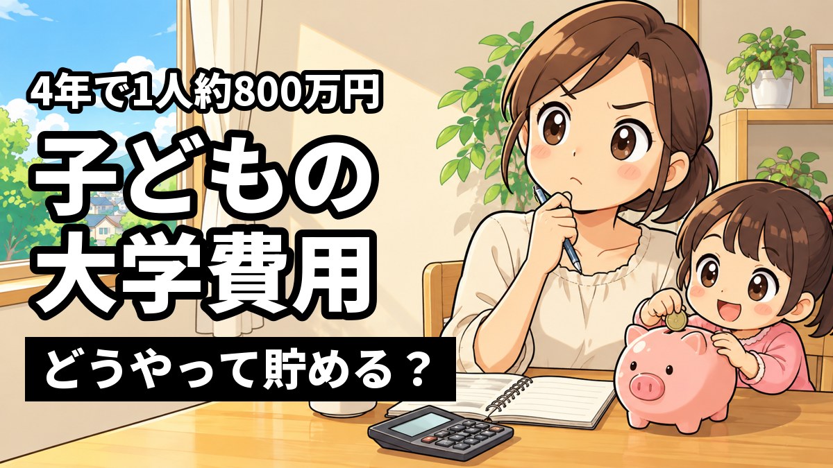 自宅の食卓で、母親と父親が電卓と家計簿を前に子どもの大学費用を相談し、そばで小さな子どもが貯金箱に硬貨を入れているイラスト。「4年で1人約800万円」「子どもの大学費用」「どうやって貯める?」の文字。