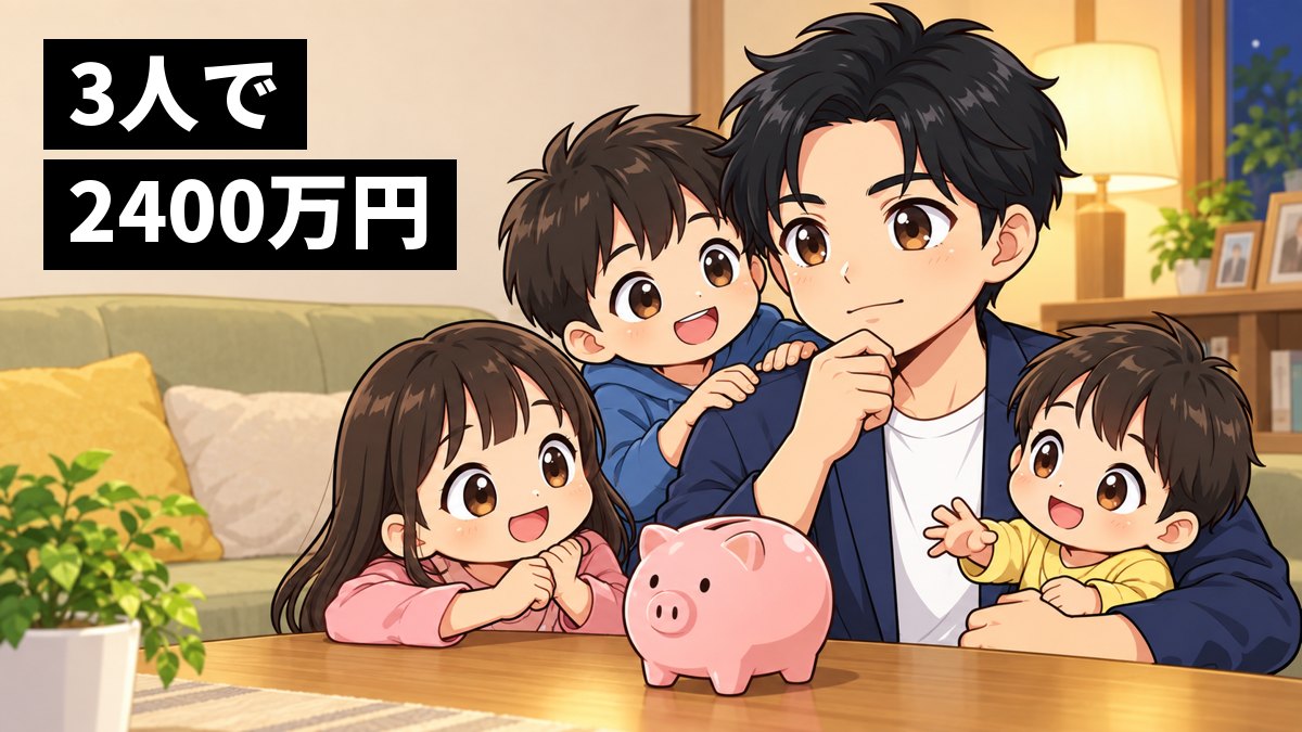 自宅のリビングで、塾長の小池が3人の子どもたちに囲まれ、小さな貯金箱を前に将来を楽しみにしているイラスト。「3人で2400万円」の文字。