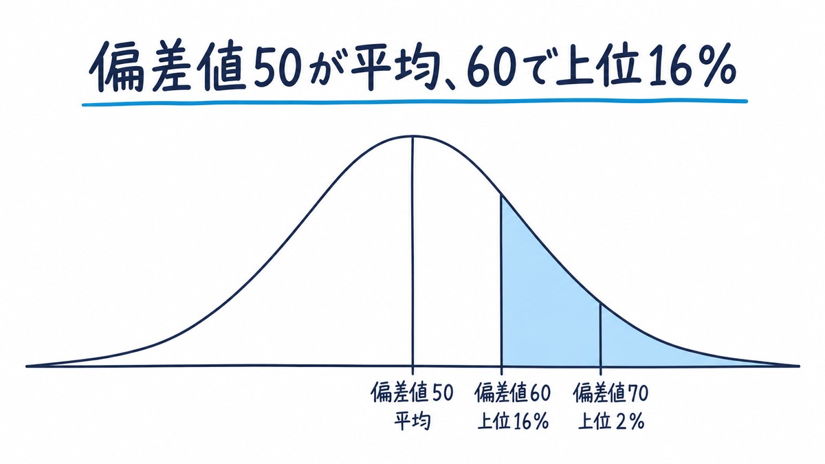 山の形の分布の曲線に、偏差値50が平均、偏差値60が上位16%、偏差値70が上位2%の位置を示した手描きの図解。見出しは「偏差値50が平均、60で上位16%」。